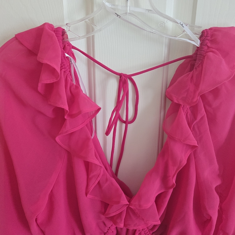 Lulu's Fuchsia Ruffle V-Neck Blouse - Picture 2 of 4